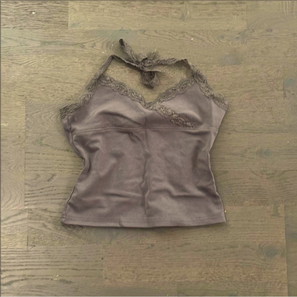 Dark grey Edikted cropped halter top with lace trim.